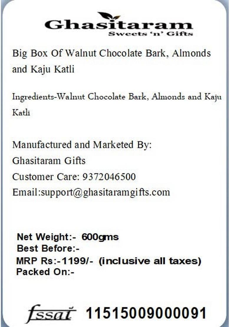 Ghasitaram Gifts Big Box of Walnut Chocolate Bark, Almonds and Kaju Katli|Gift Hamper|Diwali Gift Hamper|Food Hampers|Gourmet Hampers|