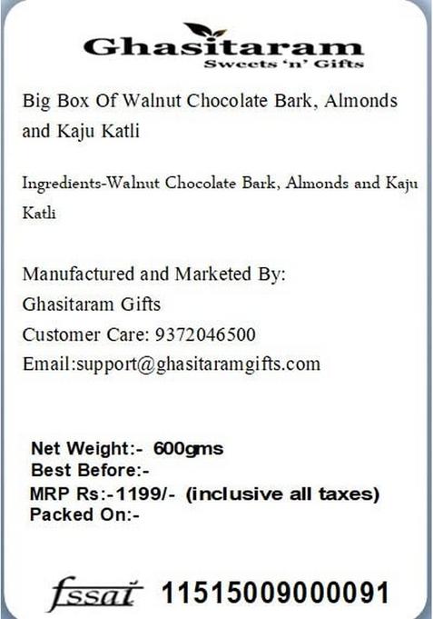 Ghasitaram Gifts Big Box of Walnut Chocolate Bark, Almonds and Kaju Katli|Gift Hamper|Diwali Gift Hamper|Food Hampers|Gourmet Hampers|