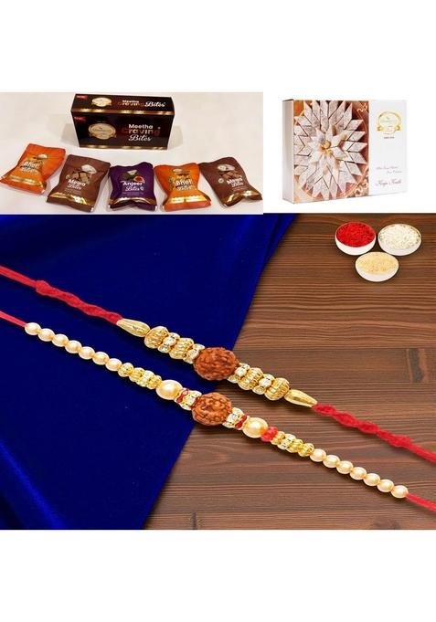 Ghasitaram Gifts Rakhi for Brother Rakhis Online - Set of 2 y3 and y81 rudraksh with Asorted bites box 200 gms Kaju katli