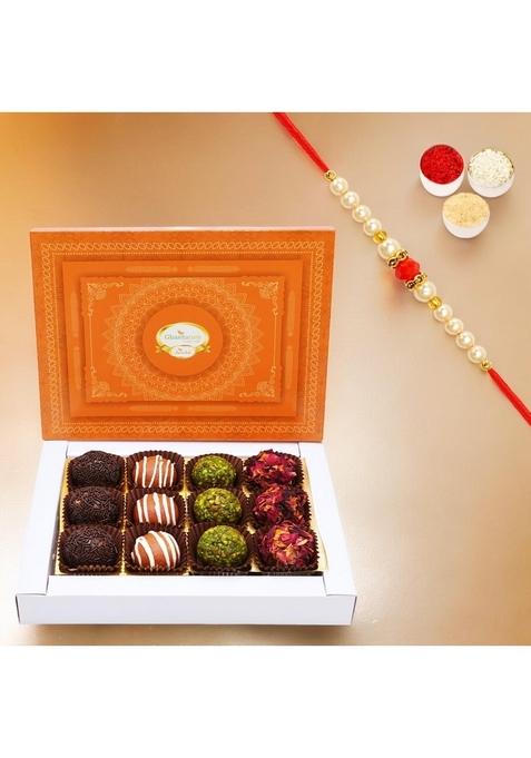 Ghasitaram Gifts Rakhi Gifts/ Sweets - Assorted Fancy Dryfruit Laddoos 12 pcs with Pearl Beads