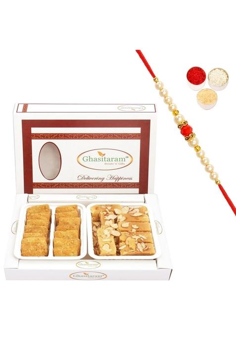 Ghasitaram Gifts Rakhi Gifts/ Sweets - Mysore Pak and Methi Mathri Hamper with Pearl Beads