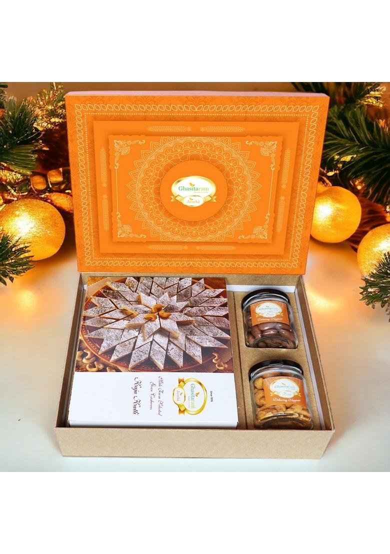 Ghasitaram Gifts Orange Hamper Box with Kaju Katli , Choco Almonds, and Crunchy Cashews | Gift Hamper| Diwali Hamper|Food Hampers|Gourmet Hampers|