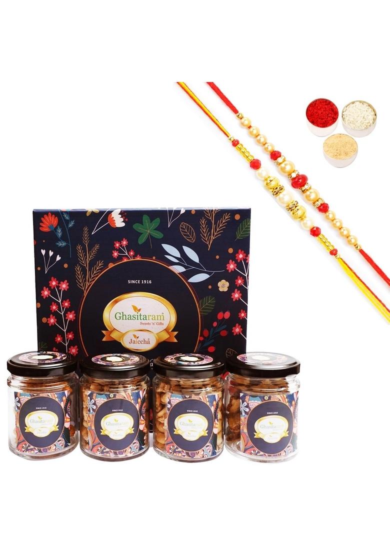Ghasitaram Gifts Rakhi for Brothers-Hamper Box with Assorted Namkeen Jars 2 Rakhis