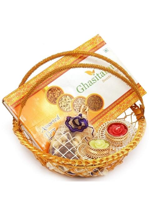 Ghasitaram Gifts - Golden Metal Basket with Dryfruit Box,Nutties Pouches and 2 t-Lites |Dry Fruit Combo Pack Offer|Dry Gift Pack|Dry Box|Diwali Dry Box|
