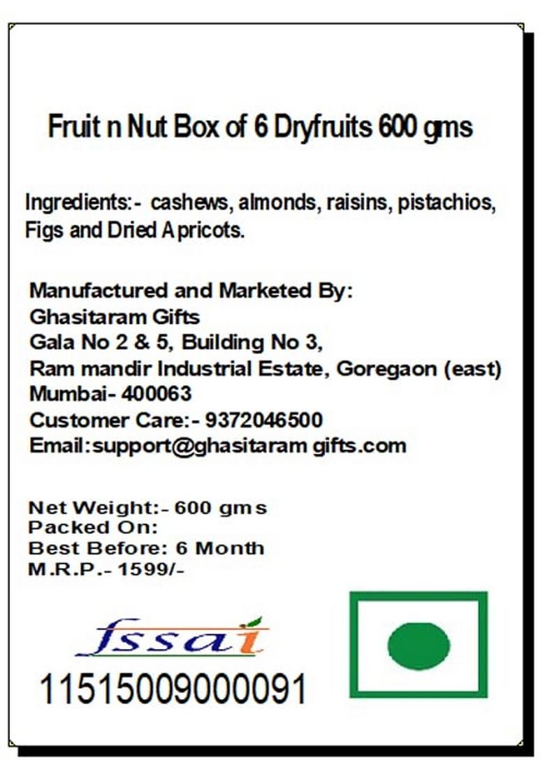 Ghasitaram Gifts Fruit n Nut Box of 6 Dryfruits 600 GMS|Dry Combo Pack Offer|Dry Gift Pack|Dry Box|Diwali Dry Box|