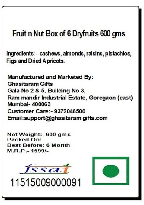 Ghasitaram Gifts Fruit n Nut Box of 6 Dryfruits 600 GMS|Dry Combo Pack Offer|Dry Gift Pack|Dry Box|Diwali Dry Box|