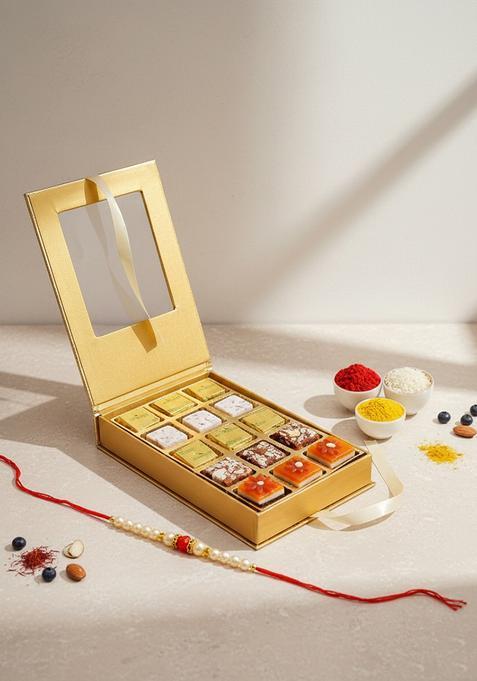 Ghasitaram Gifts Rakhi for Brothers Golden Leather Box Assorted Choco Bites with Pearl Beads