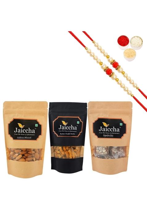 Ghasitaram Gifts Rakhi Gifts/ Sweets - Best of 3 Suagrfree Bites 200 GMS, Butter Chakli Sticks 100 GMS Pouch and Almonds with 2 Pearl Beads Rakhis