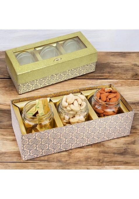 Ghasitaram Bhaidooj Gifts Golden Box with 3 Jars of Cashews, Almonds and MEWA Bites