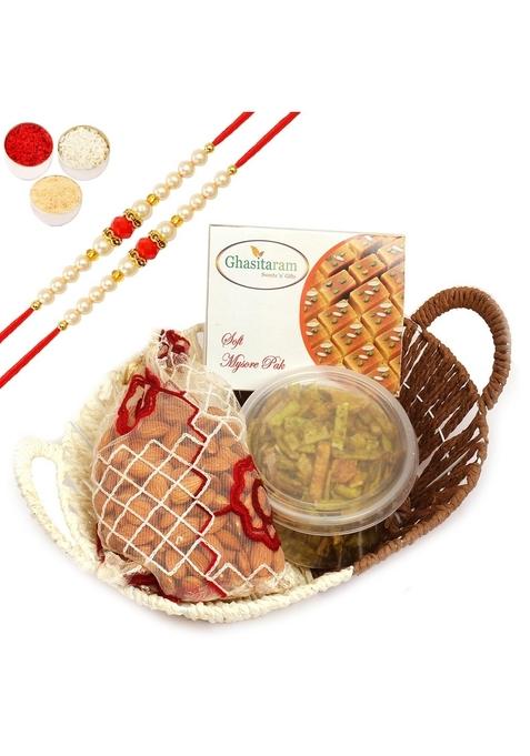 Ghasitaram Gifts Rakhi Gifts/ Sweets - Big Metal Brown Basket of Mysore Pak, Almonds Pouch and Palak Chips with 2 Pearl Beads Rakhis