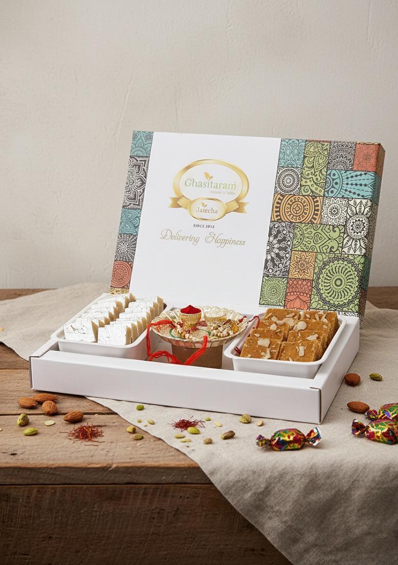 Ghasitaram Gifts Rakhi for Brothers Assorted Box of Kaju Katlis, Besan Barfi, Pooja Thali and Bhaiya Bhabhi Rakhis