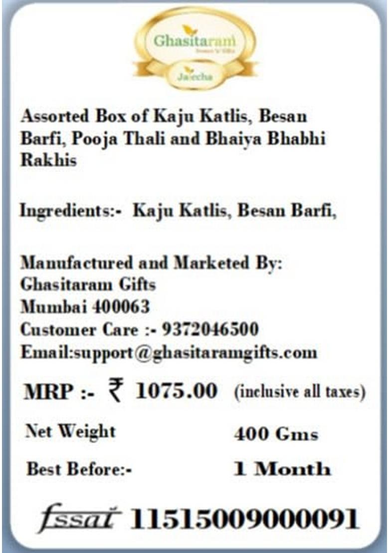 Ghasitaram Gifts Rakhi for Brothers Assorted Box of Kaju Katlis, Besan Barfi, Pooja Thali and Bhaiya Bhabhi Rakhis