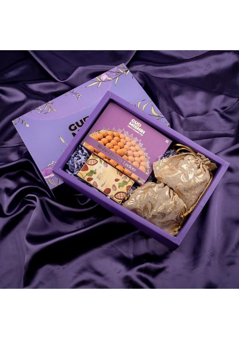 GUD MISHRI Sweets Hamper | Premium Dry Fruit & Mithai Gift Guilt-Free Healthy with Besan Laddu, Kismis, Chocolate More Ideal for Festive Corporate Gifting