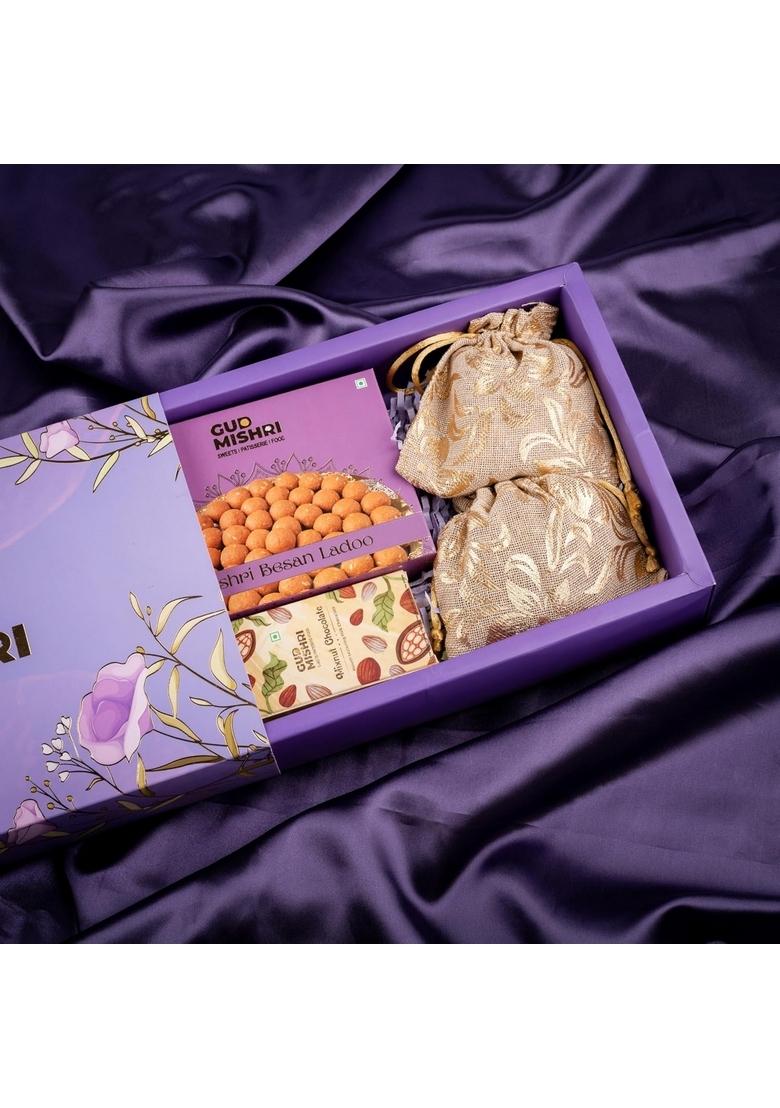 GUD MISHRI Sweets Hamper | Premium Dry Fruit & Mithai Gift Guilt-Free Healthy with Besan Laddu, Kismis, Chocolate More Ideal for Festive Corporate Gifting