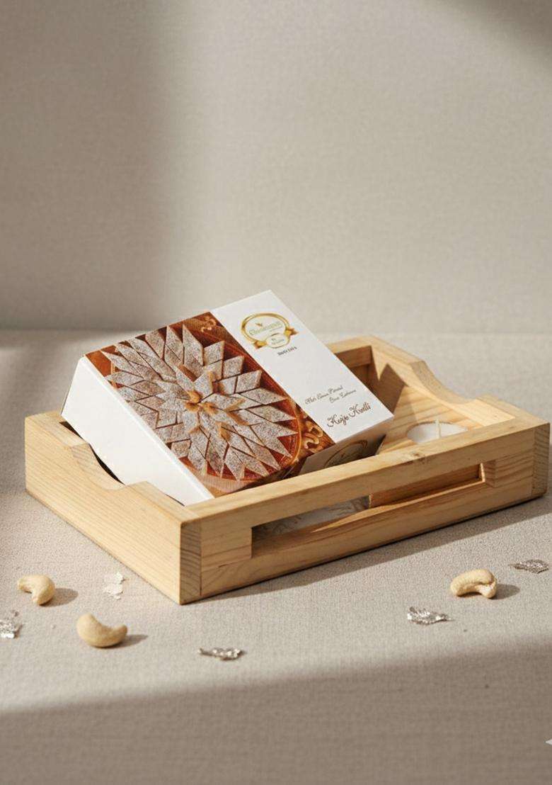 Ghasitaram Gifts Diwali - Natural Wood Tray with Kaju Katli Box and Triangle T-Lite|Gift Hamper|Diwali Gift Hamper|Food Hampers|Gourmet Hampers| - Indya