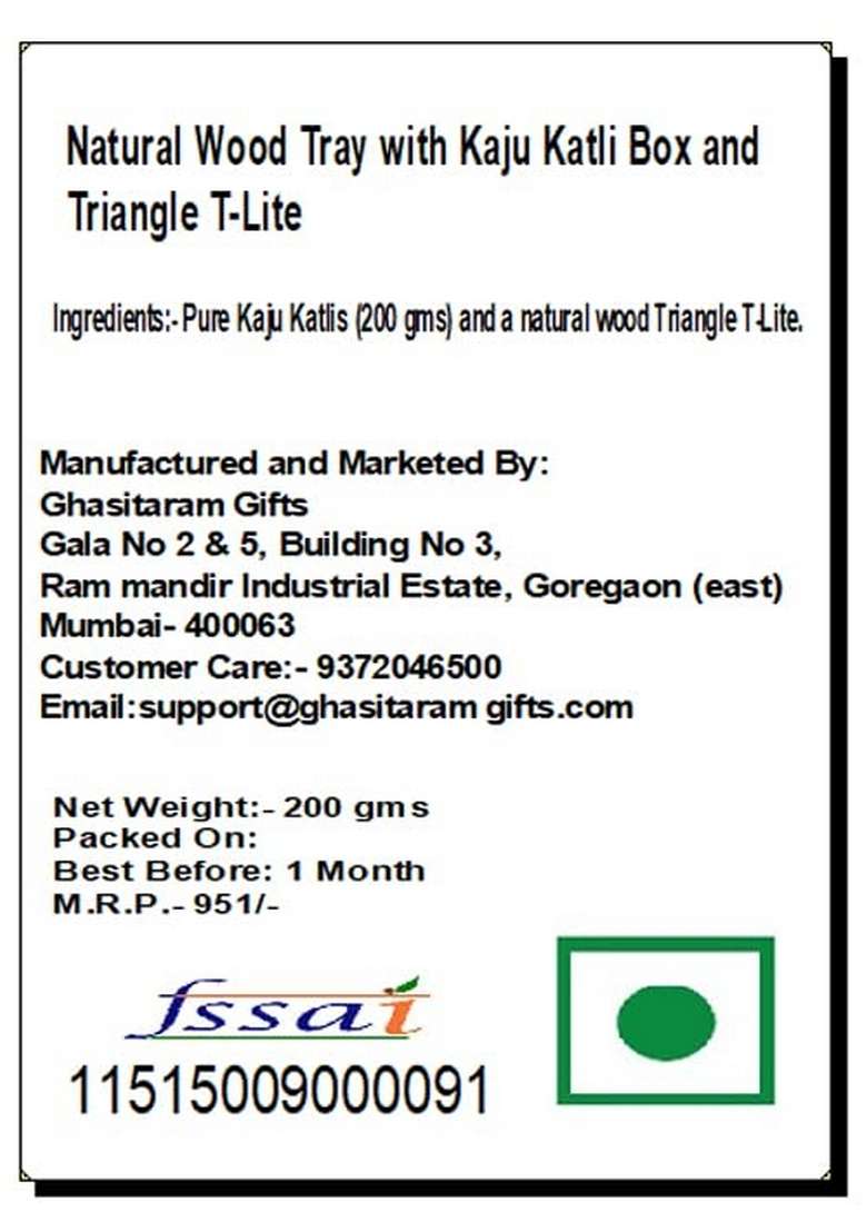 Ghasitaram Gifts Diwali - Natural Wood Tray with Kaju Katli Box and Triangle T-Lite|Gift Hamper|Diwali Gift Hamper|Food Hampers|Gourmet Hampers| - Indya