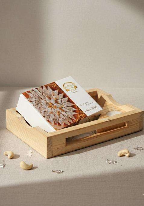 Ghasitaram Gifts Diwali - Natural Wood Tray with Kaju Katli Box and Triangle T-Lite|Gift Hamper|Diwali Gift Hamper|Food Hampers|Gourmet Hampers|