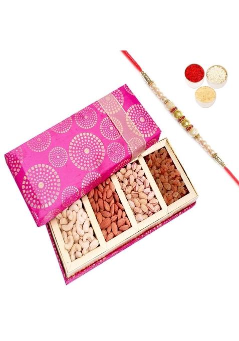 Ghasitaram Gifts Rakhi for Brothers Dryfruits - Satin 4 Part Dryfruit Box with Pearl