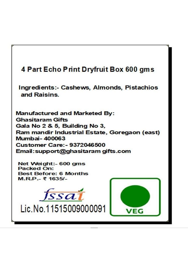 Ghasitaram Gifts 4 Part Echo Print Dryfruit Box 600 GMS|Dry Fruit Combo Pack Offer|Dry Gift Pack|Dry Box|Diwali Dry Box|