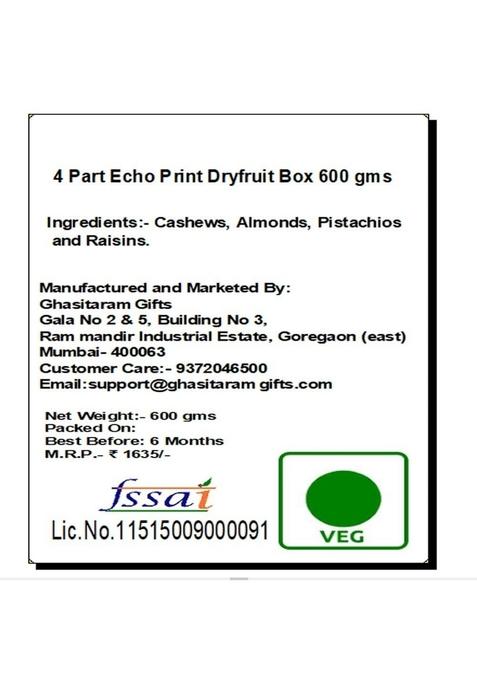 Ghasitaram Gifts 4 Part Echo Print Dryfruit Box 600 GMS|Dry Fruit Combo Pack Offer|Dry Gift Pack|Dry Box|Diwali Dry Box|