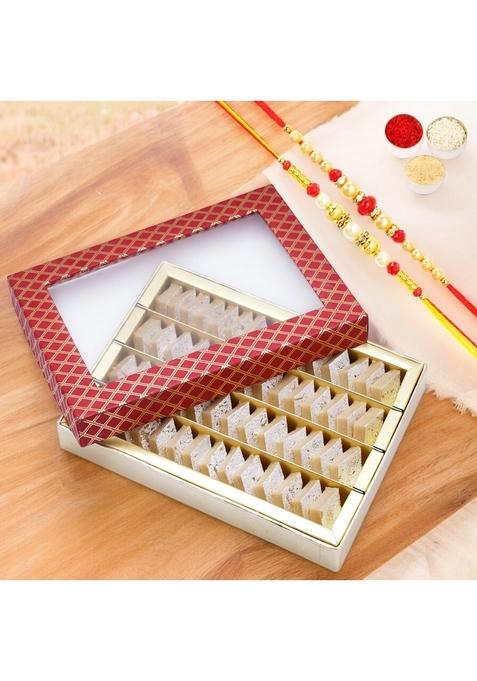 Ghasitaram Gifts Rakhi for Brothers Red Box of Mini Kaju Katlis with 2 rakhis