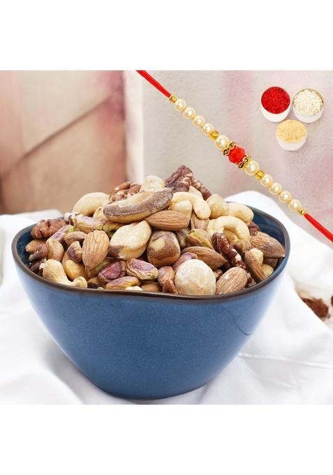 Ghasitaram Gifts Rakhi Gifts/Rakhi Sweets - Salted Mix Premium Dryfruits 400 gms with Pearl Beads