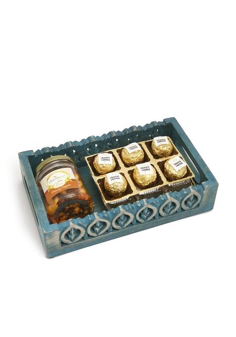Ghasitaram Blue Wooden Tray with Channa Laddoos and Mix Dryfruits Jar|Dry Fruit Combo Pack Offer|Dry Gift Pack|Dry Box|Diwali Dry Box|
