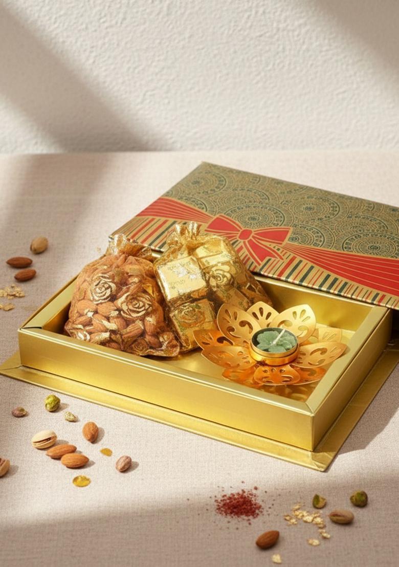 Ghasitaram Gifts Almonds, Chocolates Pouches with Golden T-lite in Fancy Gift Box |Gift Hamper|Diwali Hamper|Food Hampers|Gourmet Hampers|