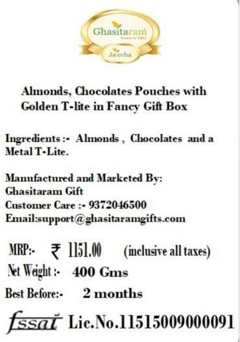 Ghasitaram Gifts Almonds, Chocolates Pouches with Golden T-lite in Fancy Gift Box |Gift Hamper|Diwali Hamper|Food Hampers|Gourmet Hampers|