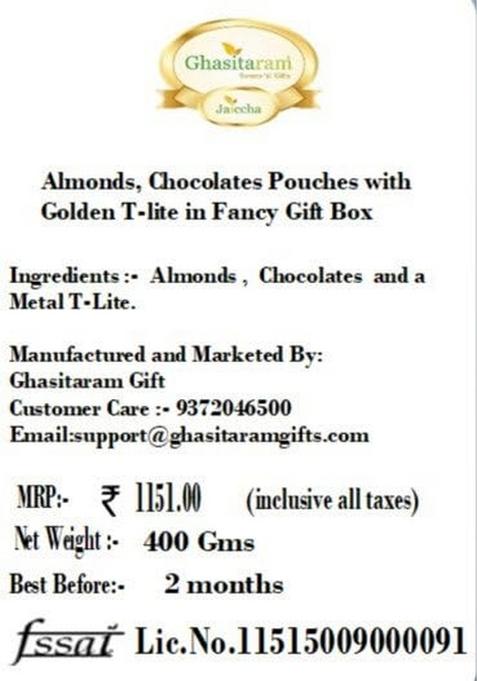 Ghasitaram Gifts Almonds, Chocolates Pouches with Golden T-lite in Fancy Gift Box |Gift Hamper|Diwali Hamper|Food Hampers|Gourmet Hampers|