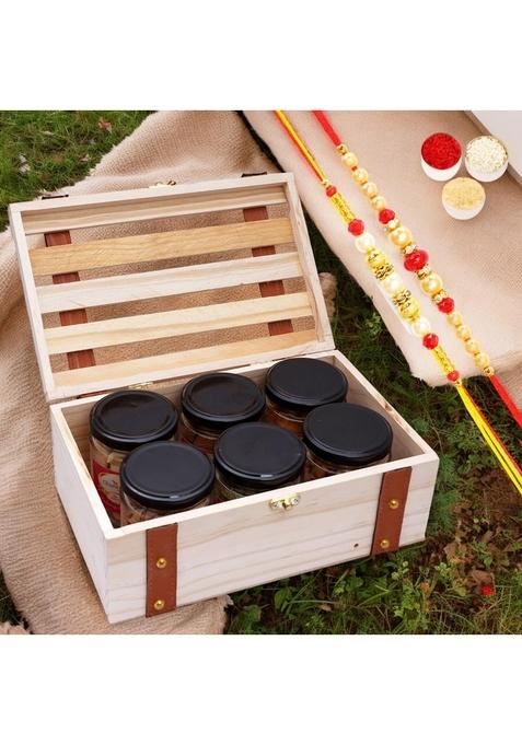 Ghasitaram Gifts Rakhi for Brothers Wooden Leather Belt Box of 6 Jars Dryfruits with 2 rakhis