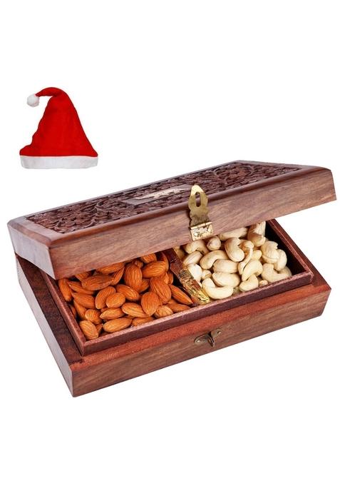 Ghasitaram Christmas Gifts Wooden Carving Jewellery Box with Almonds and Cashews