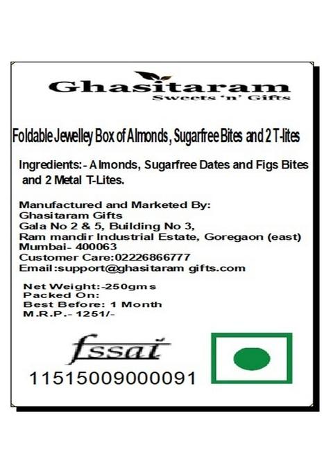 Ghasitaram Gifts Foldable Jewelley Box of Almonds, Sugarfree Bites and 2 T-Lites |Gift for Diwali,Holi,Rakhi,Valentine,Christmas,Birthday,Anniversary,Gift Her,Him,Mothers Day,Fathers Day|