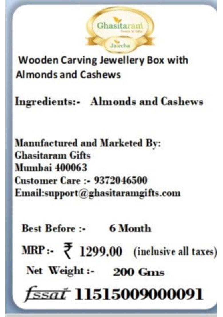 Ghasitaram Dryfruits Hamper-Wooden Carving Jewellery Box with Almonds and Cashews|Gift Hamper| Diwali Gift Hamper|Food Hampers|Gourmet Hampers|