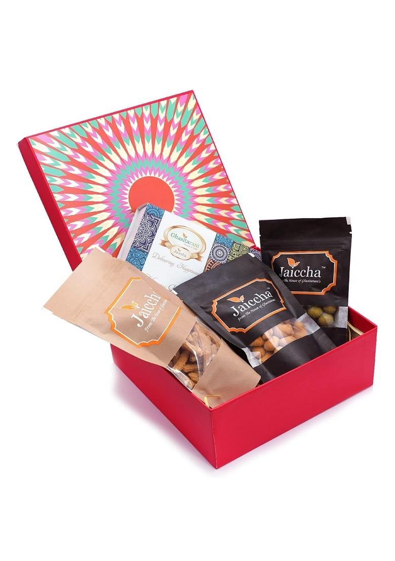 Ghasitaram Gifts Red Hamper Box of Assorted Bite,Crunchy Cashews,Crunchy Peanuts, Butter Chakli Sticks|Gift Hamper| Diwali Gift Hamper|Food Hampers|Gourmet Hampers|