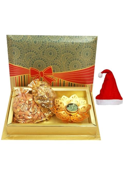 Ghasitaram Gifts Christmas Chocolates Almonds 200 GMS, English Brittles GMS Pouches with Golden T-lite in Fancy Gift Box