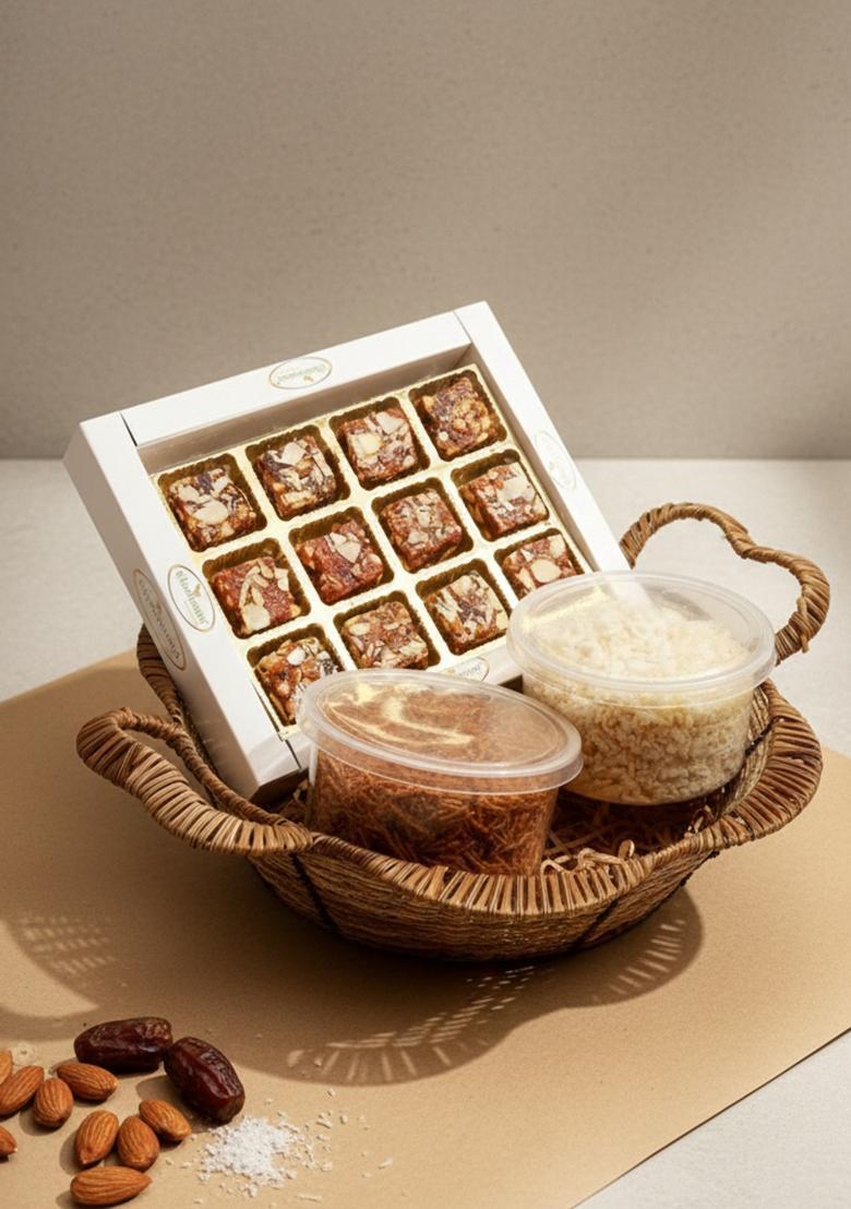 Ghasitaram Gifts Gold Cane Finish Basket of Sugarfree Bites Box, Diet Chiwda and SOYA Sev|Gift Hamper|Diwali Gift Hamper|Food Hampers|Gourmet Hampers|