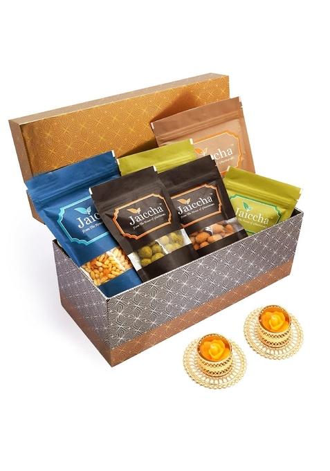Ghasitaram Gifts Rectangle Box of Badang Bhel,Butter Chakli Sticks,Chocolate Butterscotch,Chocolate Coated Raisins,Crunchy Cashews & Crunchy Peanuts with T-Lites|Gift Hamper|