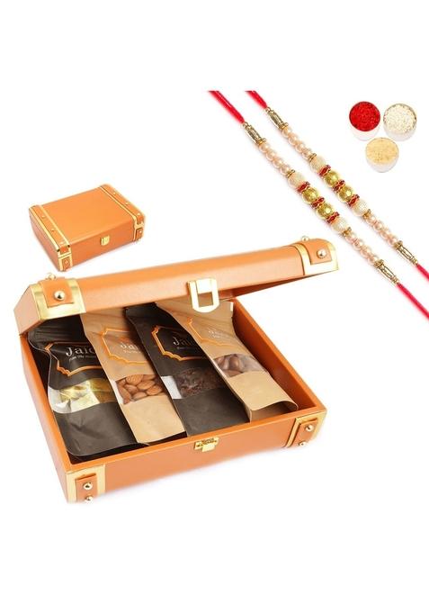 Ghasitaram Rakhi Gifts for Brothers - Orange Trunk Box of Almonds, MEWA Bites, Banarsi Flavoured and Chocolate Coated Almonds with 2 Pearl Rakhis
