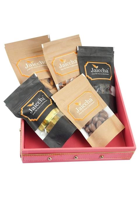 Ghasitaram Gifts Pink Square Tray of Almond,Chakli,Banarsi Flavoured,MEWA Bites,Chocolate Almonds|Dry Fruit Combo Pack offer|Dry Gift Pack|Dry Box|Diwali dry Box|Mix Nut|