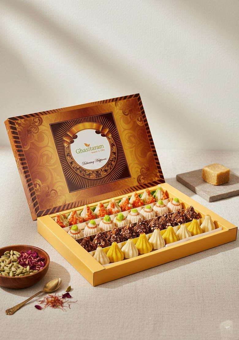 Ghasitaram Gifts Box of Mawa, Kaju, Chocolate and Kesar Pista Modaks 800 GMS - Indya