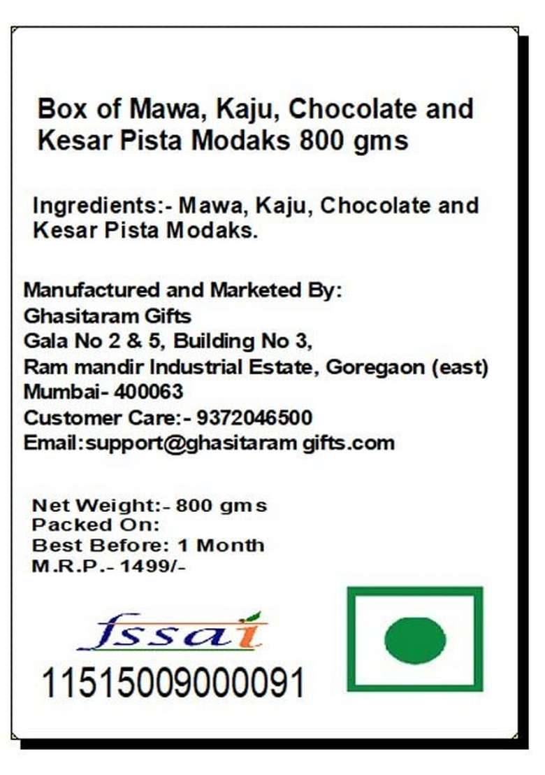 Ghasitaram Gifts Box of Mawa, Kaju, Chocolate and Kesar Pista Modaks 800 GMS - Indya