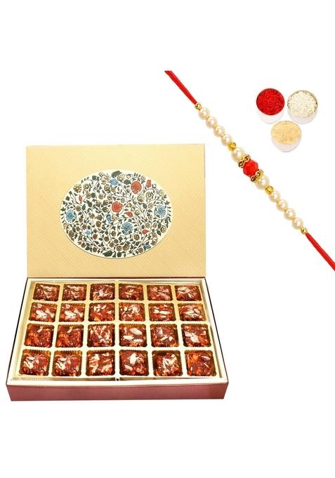 Ghasitaram Gifts Rakhi for Brothers Eco Print 24 Pcs Sugarfree Dates and Figs Bites Box with Beads