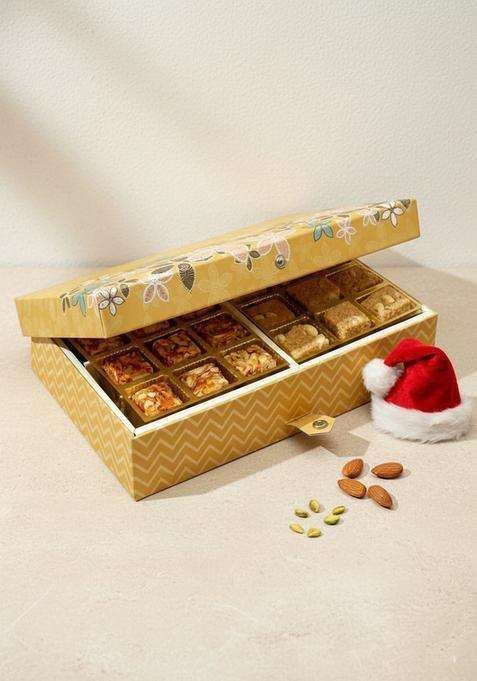 Ghasitaram Gifts Christmas Healthy Hampers - Gold 4 Print 12 Pcs Roasted Almond and Granola Bites Box