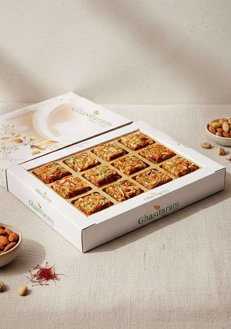 Ghasitaram Gifts Bhaidooj Sweets - Roasted Almond Delight 12 pcs - Indya