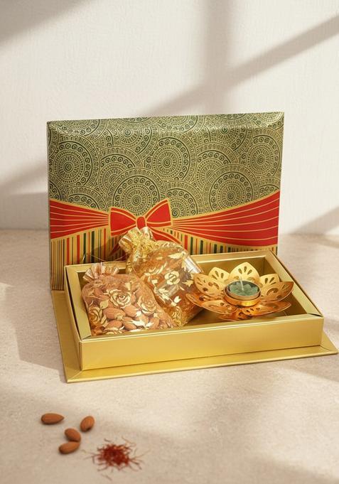 Ghasitaram Gifts Almonds, Mango Bites Pouches with Golden T-lite in Fancy Gift Box|Gift Hamper| Diwali Hamper|Food Hampers|Gourmet Hampers|