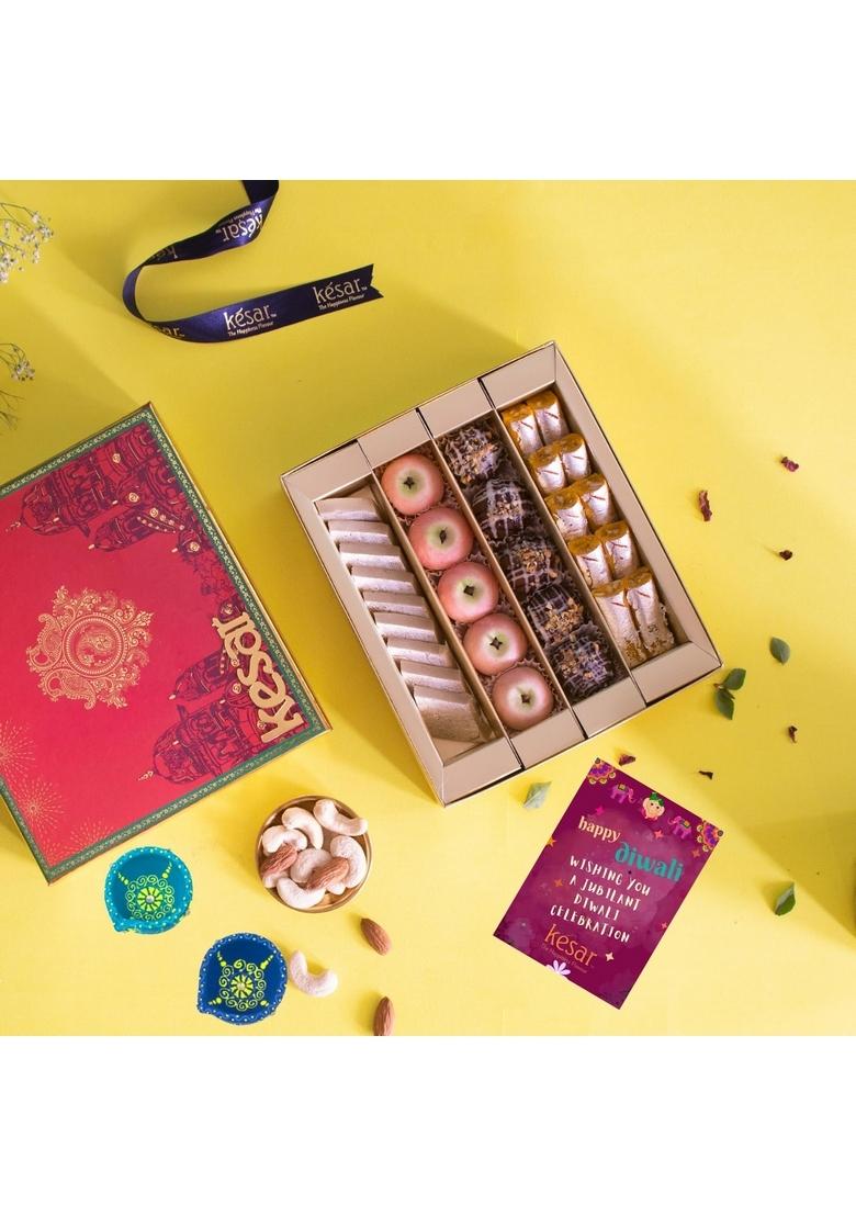 Dessert Drama Diwali Special Healthy Assorted Kaju Sweets (Kaju Katli, Chocolate Ice Ball, Apple, and Kesar Roll)