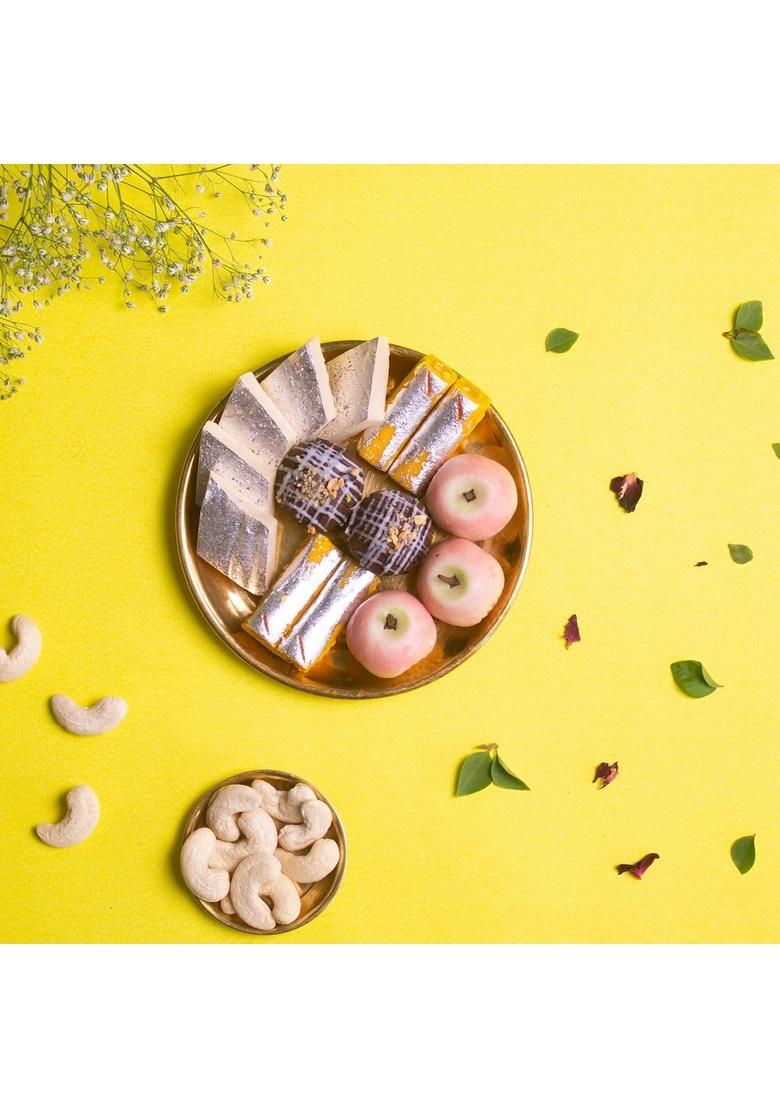 Dessert Drama Diwali Special Healthy Assorted Kaju Sweets (Kaju Katli, Chocolate Ice Ball, Apple, and Kesar Roll)