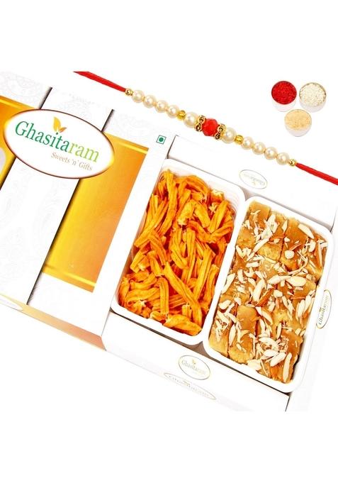 Ghasitaram Gifts Rakhi Gifts/ Sweets - Mysore Pak and Chakli Hamper Pearl Beads
