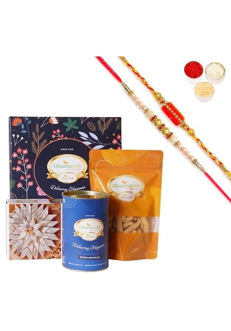 Ghasitaram Gifts Rakhi for Brother Hamper Box Small with Kaju Katli 2 Rakhis